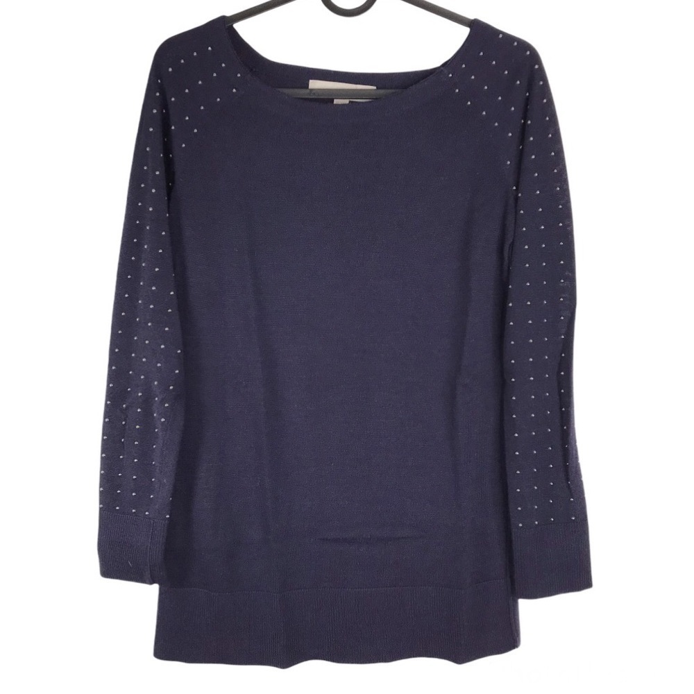 Loft Navy Blue Silver Studded Wool Blend Knit Top Lightweight Sweater XSMALL